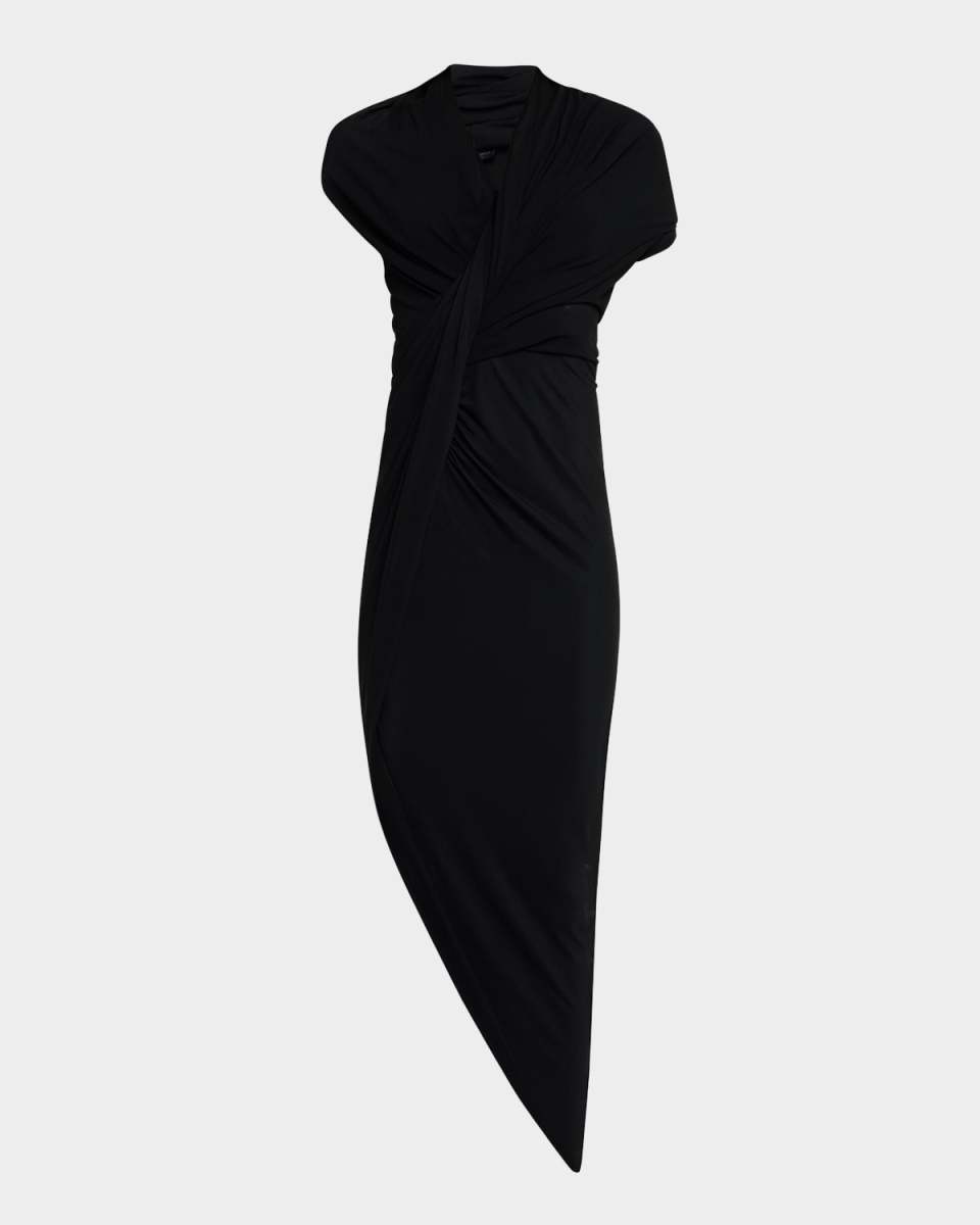 Draped Sleeveless Asymmetric Midi Dress